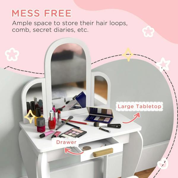 White kids dressing table with arched mirror, wide tabletop, and front drawer
