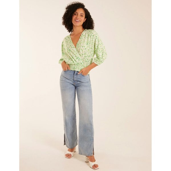 Blue Vanilla Leopard Print Elasticated Sleeve Wrap Front Elastic Hem Top