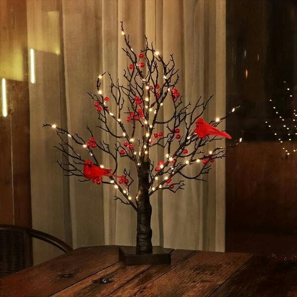 smartbies Pre Lit Birch Christmas Tree with Led Lights And Birds - Red