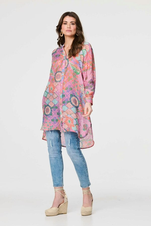 Pink | Printed Semi Sheer Longline Blouse