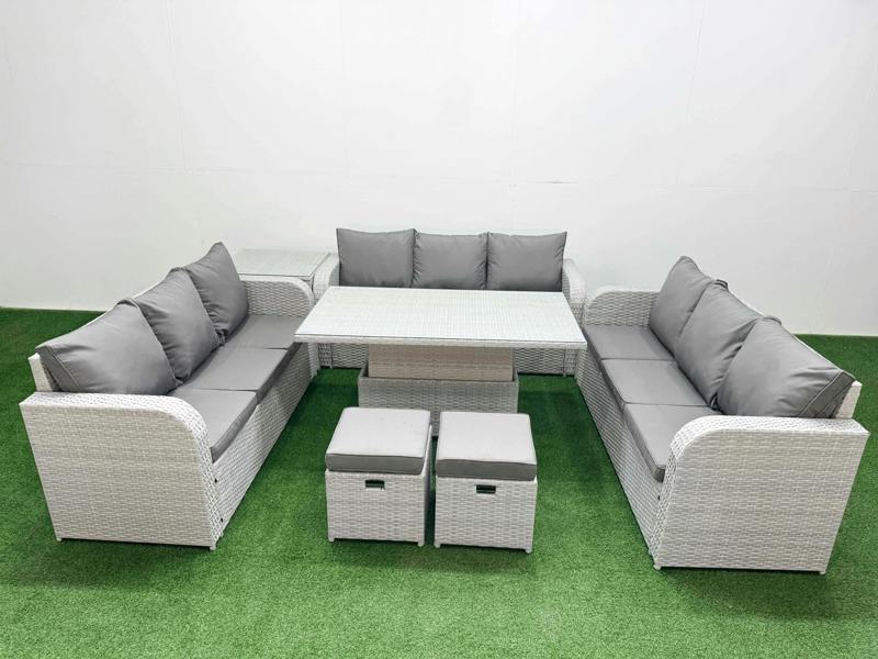 Fimous 11 Seater PE Rattan Garden Furniture Lounge Sofa Patio Set, Adj Height Table, 3 Seater Sofa, 2 Stools, Side Table, Light Grey
