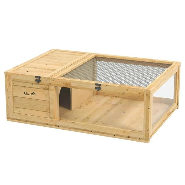 Wooden reptile enclosure with mesh roof panels and hinged top on a white background.