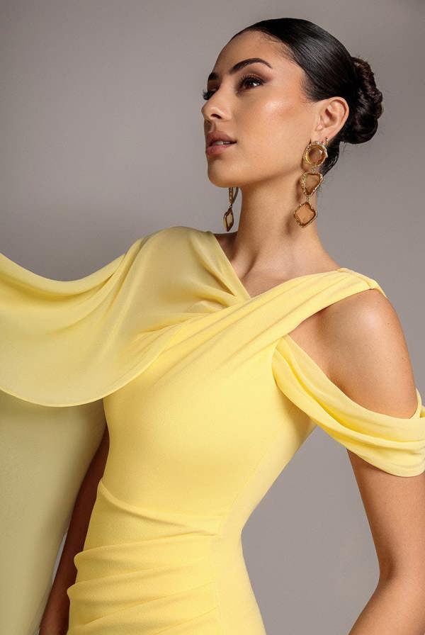 One Shoulder Chiffon Cape Crepe Maxi Dress - Butter Yellow DR4982