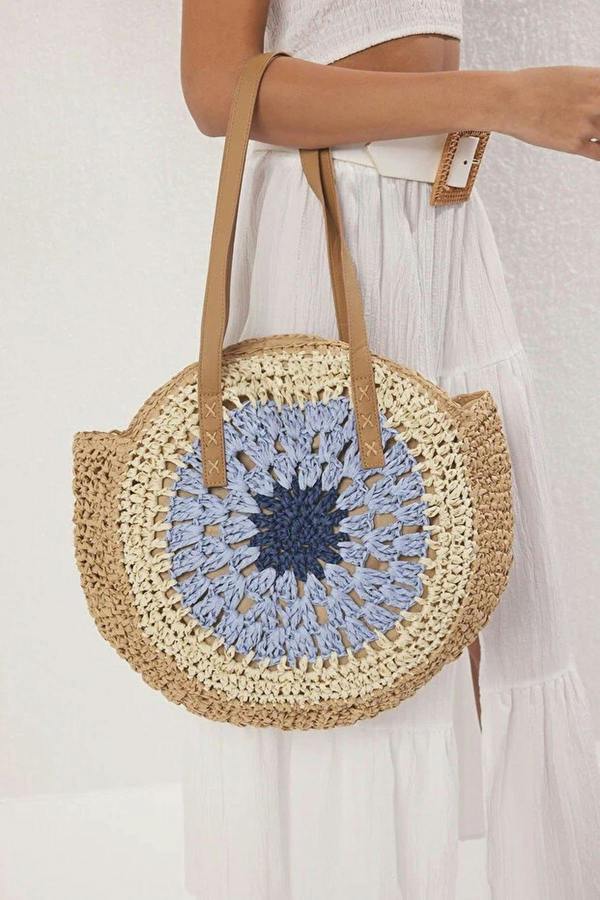 WOVCOR Color Block Hand-Knitted Woven Straw Women's Medium Size Round Shoulder Bag