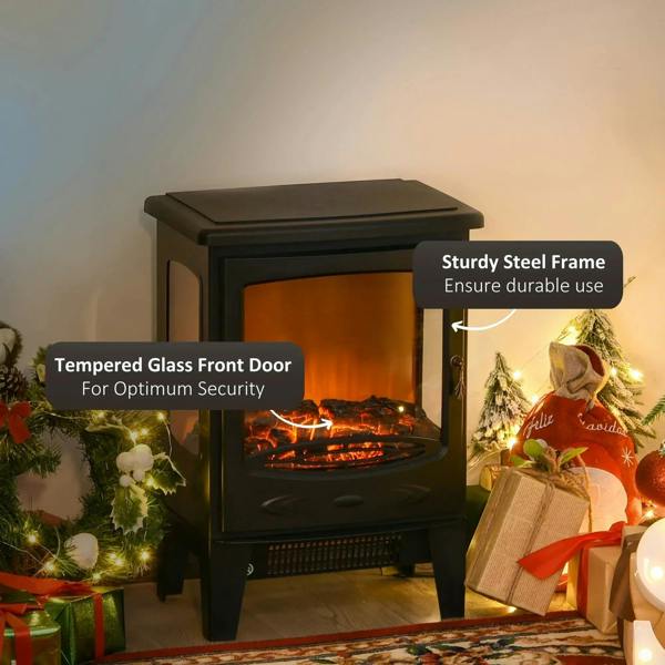 Black electric fireplace heater with tempered glass front and sturdy steel frame
