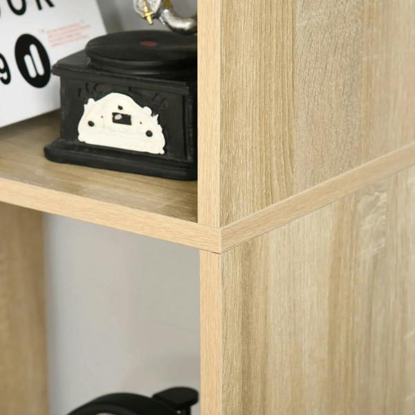 Light natural wood-grain bookcase corner with black protective foot underneath