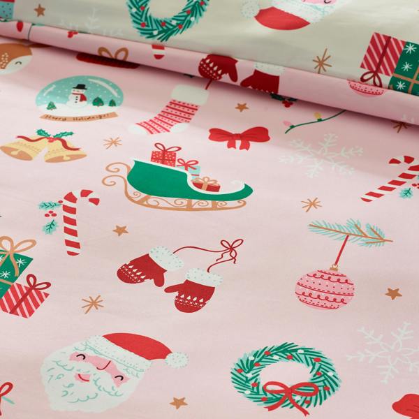 Catherine Lansfield Christmas Happy Holidays So Soft Reversible Duvet Cover Set Pink