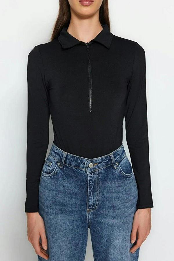 WOVCOR Zipper Collar Detailed Knit Bodysuit