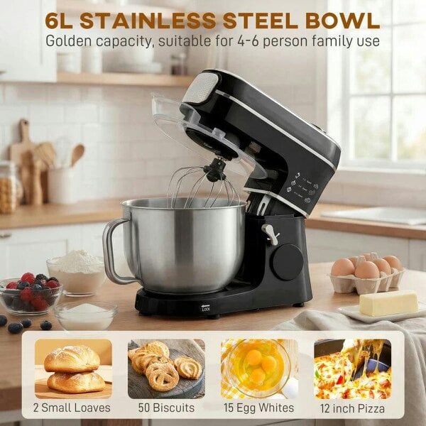 Stand Mixer, 6L 1400W Tilt-Head Food Mixer with 11 Speeds, Pulse & Fermentation Function, LED Display, Black