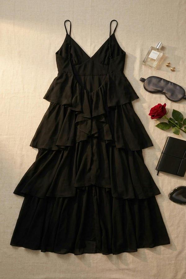 Gracie V-neck Tiered Ruffle Backless Maxi Dress - Black