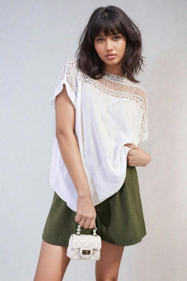 Sylvia Lace Insert Round Neck Hollow Top - White