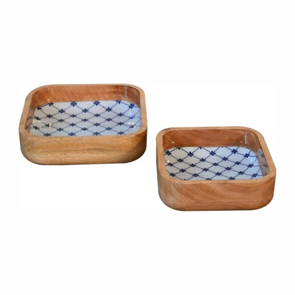 Artisan Furniture Solid Wood Blue and White Square Bowl Set of 2