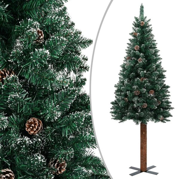 Berkfield Slim Christmas Tree with Real Wood and White Snow Green 150 cm