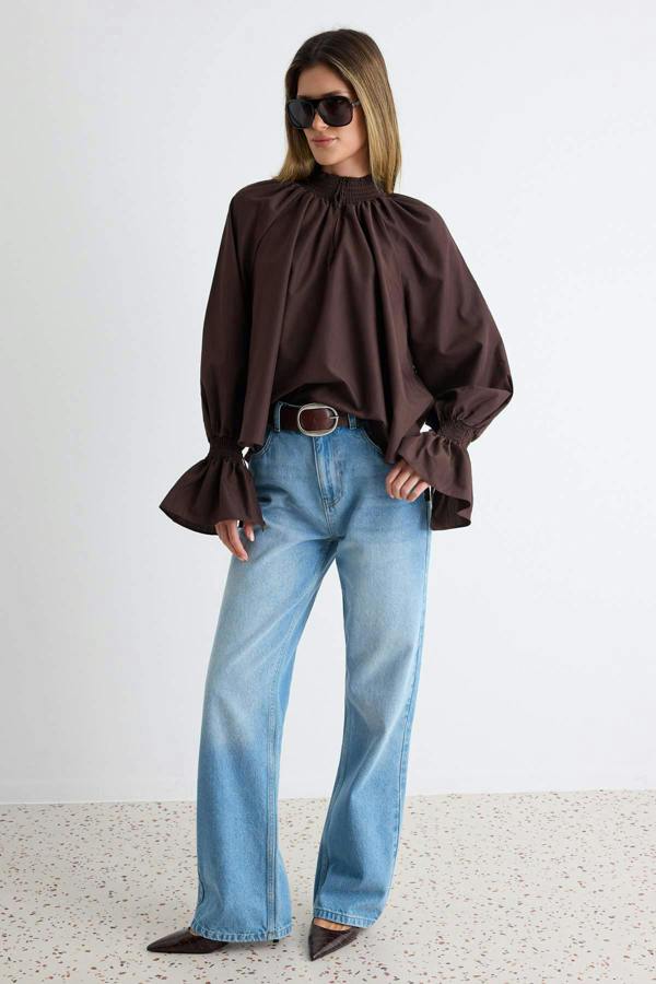 WOVCOR High Neck Long Sleeve Oversized Blouse - Brown - STD