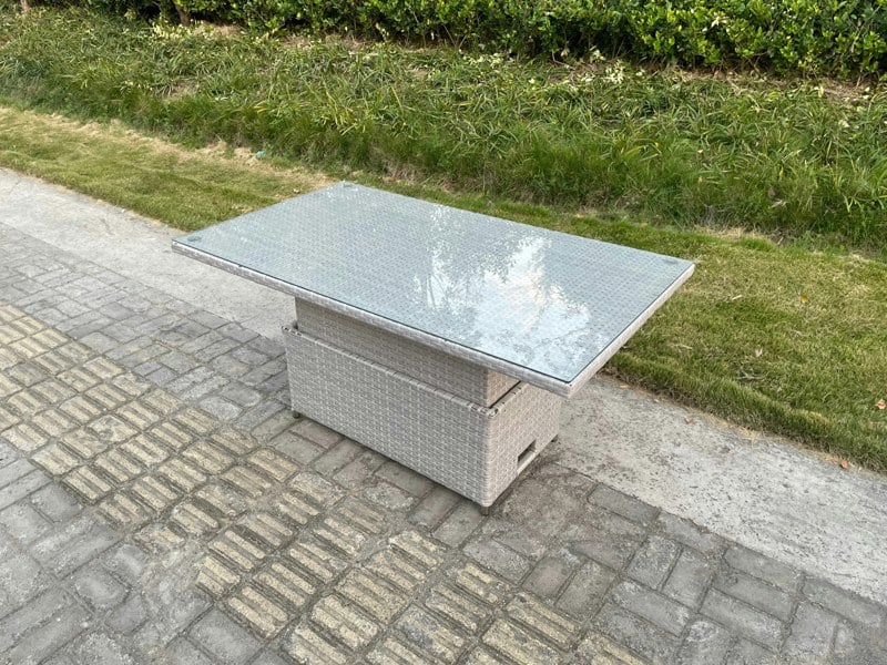 Fimous PE Wicker Rattan Garden Furniture Adjustable Rising Dining or Coffee Table In Light Grey Mixed With Clear Tempered Glass Semi Assembled