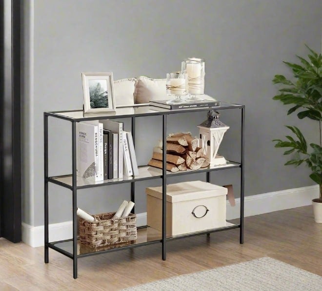 Modcraft Modern 3-Tier Console Table with Tempered Glass Shelves & Black Steel Frame – 100 x 30 x 73 cm