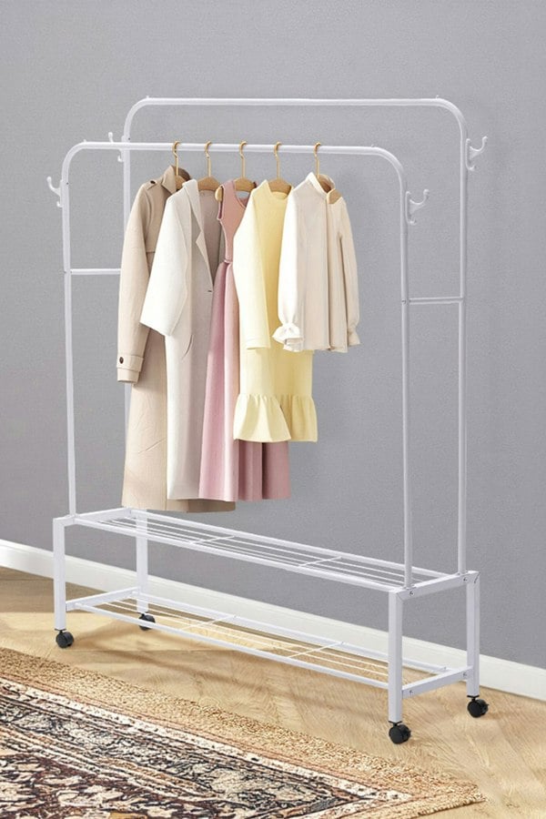 Living and Home Double-Rod Clothes Rack with Wheels Bedroom Classic Style