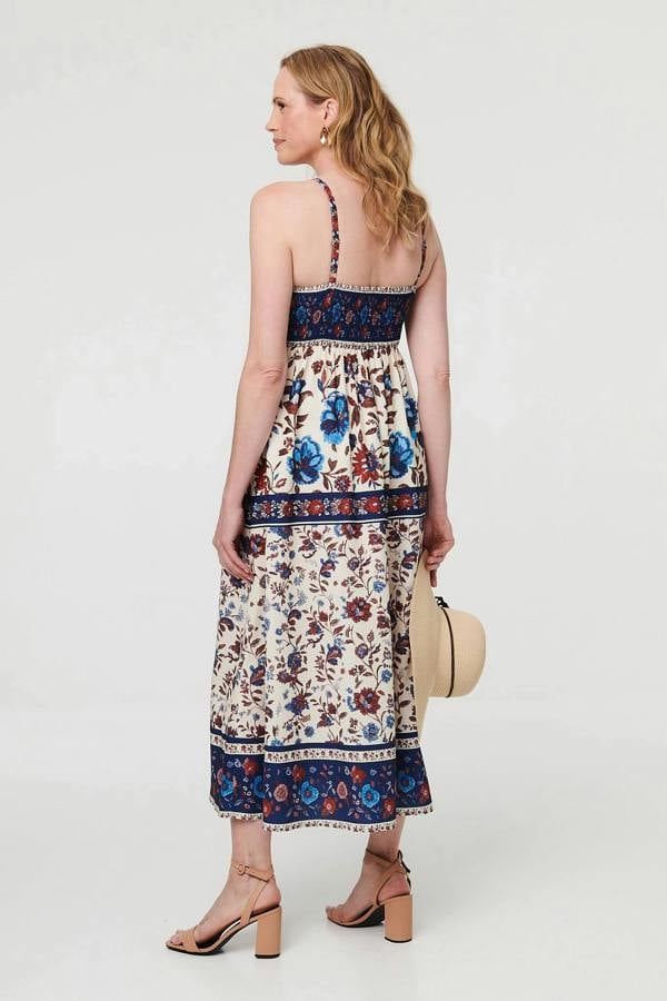 Navy | Floral Border Sleeveless Cami Midi Dress