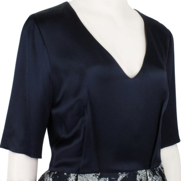 Prabal Gurung Midnight Blue Satin Silver Jacquard Bubble Skirt Dress