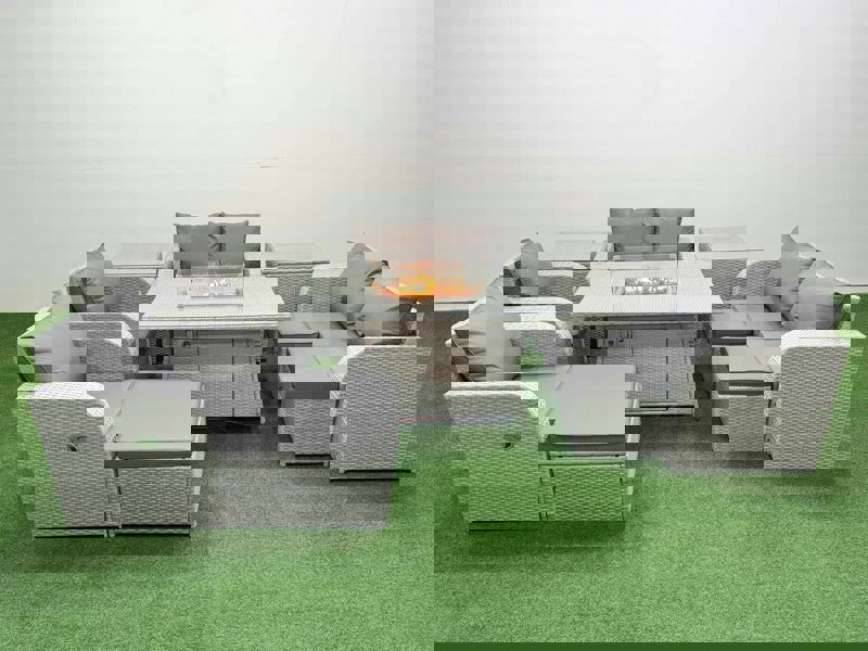 Fimous 9 Seater Outdoor Reclining Chair Love Sofa Set Rattan Garden Furniture Set with Fire Pit Dining Table 3 Stools 2 Side Table Light Grey