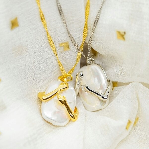 The Colourful Aura Two Hands Hugging White Stone Resin Large Square Couple Pendant Necklace
