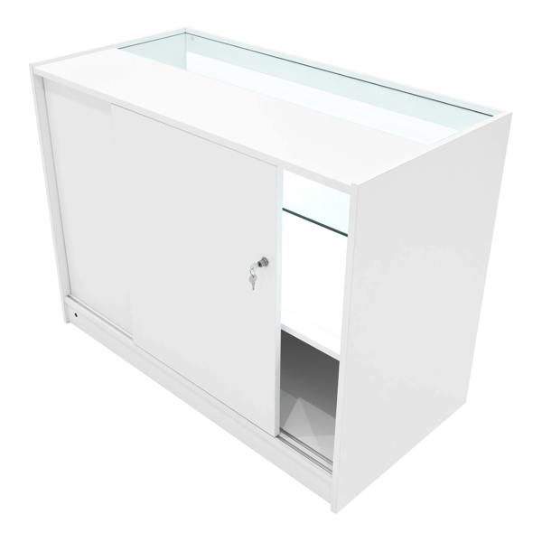 White Phoenix LED shop counter set featuring sliding doors, glass display shelves, and sleek modern design for retail spaces