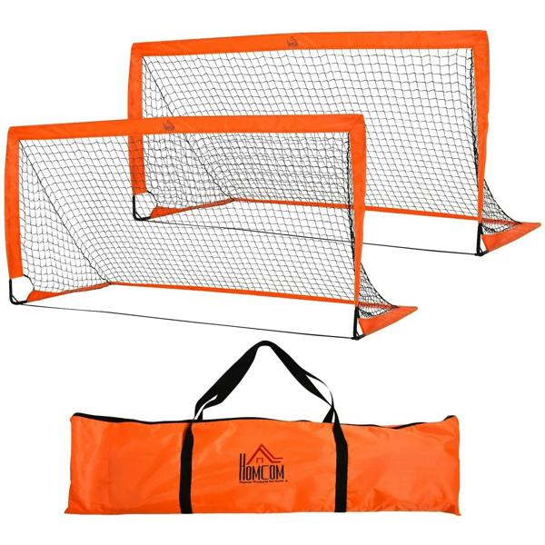 Set of 2 orange football goal nets with white mesh and black edging, foldable frames