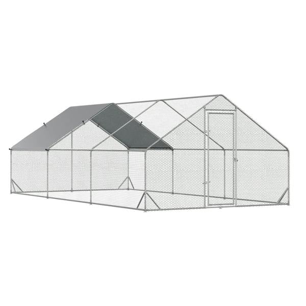 Large galvanised walk-in chicken run with silver mesh walls and dark sloped cover