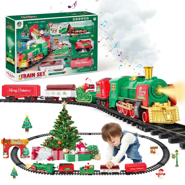 deAO Toys Christmas Train Set with Steam, Lights & Music -Electric Holiday Toy Train