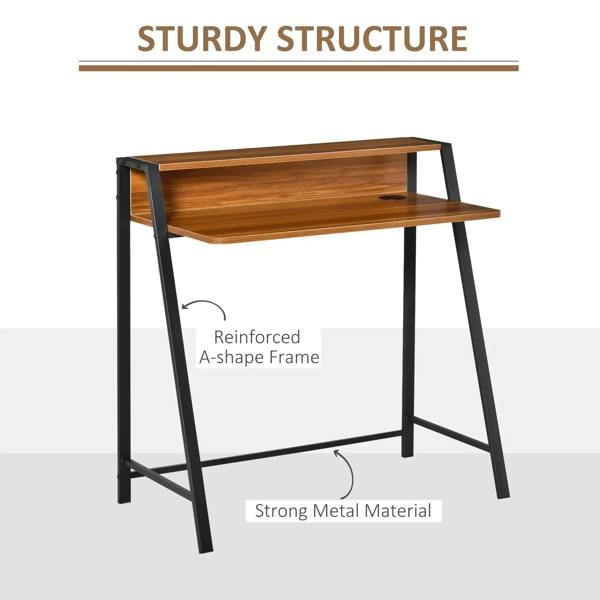 Walnut two-tier desk with black A-shaped metal frame and open lower shelf.