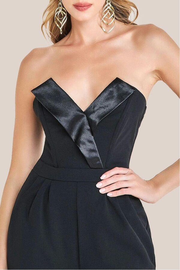 Goddiva Satin Collar Scuba Jumpsuit - Black by Goddiva