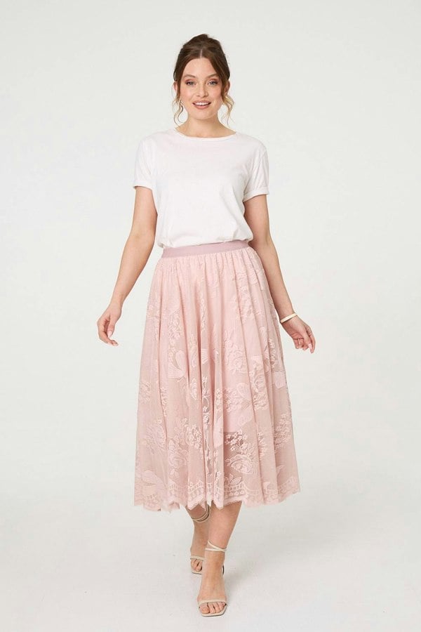 Pink | Floral Semi Sheer Mesh Layer Midi Skirt
