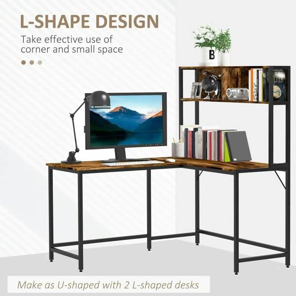 L-shaped corner desk with brown wood top, steel frame, and open bookshelf for books