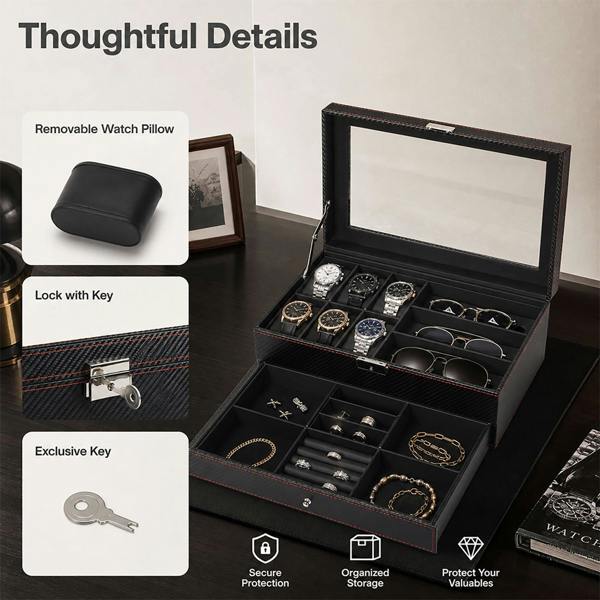 ilus Watch Box Watch Storage Jewelry Box 2 Layer Glass Lid Lockable Display Black