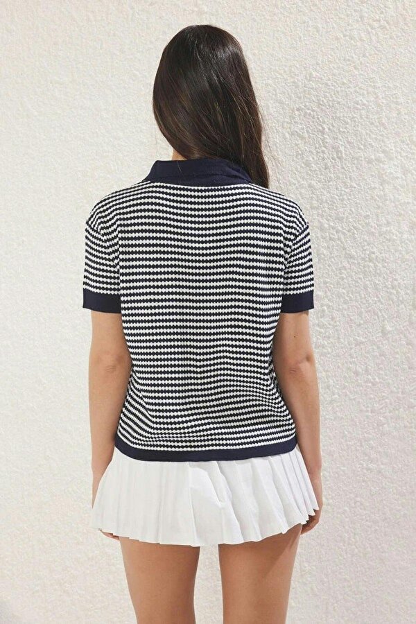 WOVCOR Striped Polo Neck Knit Mid-Length Blouse