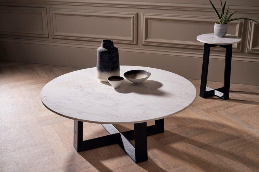 Cadiz Large Round Coffee Table with Natural Stone White Marble Top & Natural Black Oak Base by Gillmore British Design © GillmoreSPACE Limited