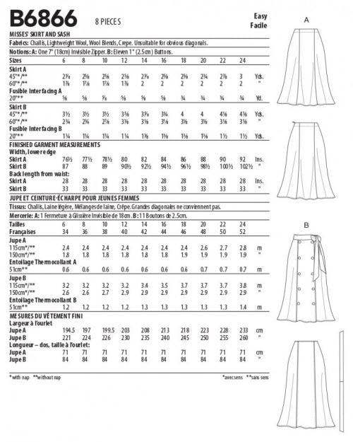 Butterick Sewing Pattern 6866, Skirts for Women, A5 (6-8-10-12-14) - Easy