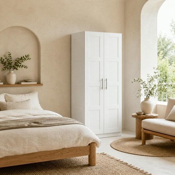 Wyld Haus Coravello Wooden White 2 Door Wardrobe With Hanging Rail and Shelf