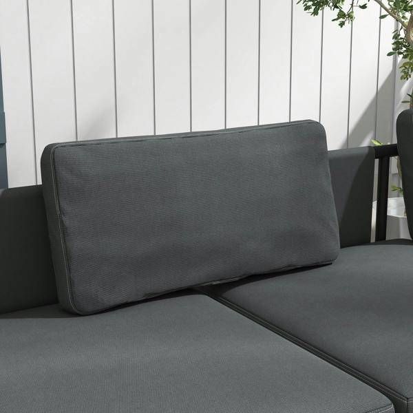 Grey padded back cushion on an L-shaped outdoor sofa set