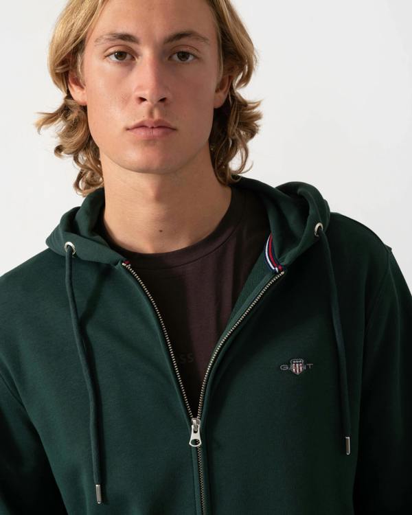 Close up on the GANT Mens Regular Fit Shield Logo Full Zip Hoodie - 374 Tartan Green