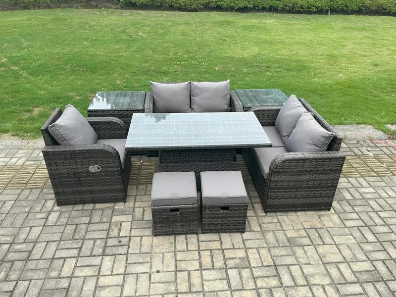 Fimous Wicker PE Rattan Garden Furniture Patio Set, Adjustable Height Table, Love Sofa, Reclining Chair, 2 Side Tables & 2 Small Footstools, Dark Grey