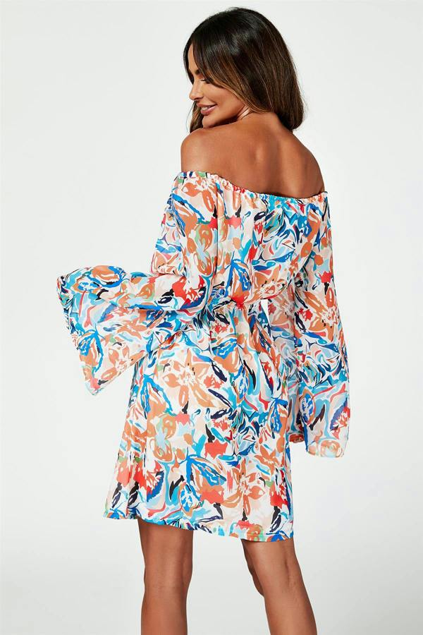 FS Collection Flute Sleeve Bardot Dress With Tie Detail In Orange