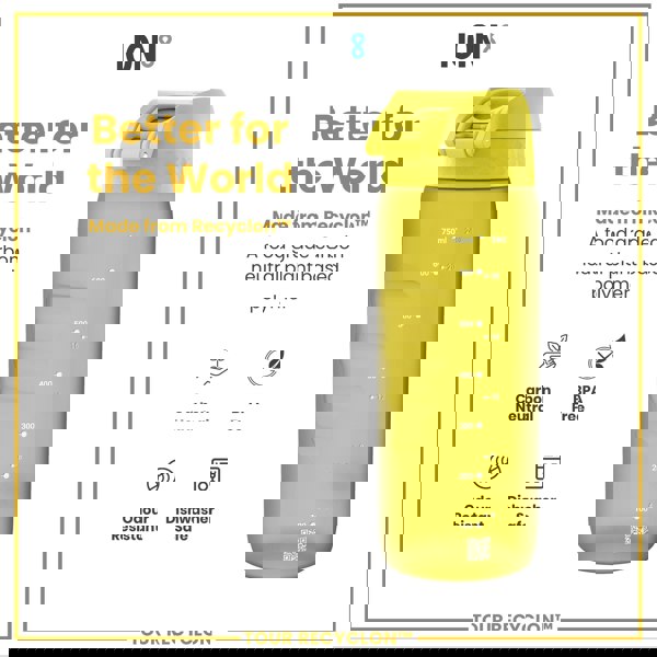 A yellow water bottle, sits upright, showcasing measurement markings and sustainability features, against a white background with text that emphasizes its eco-friendly material.
