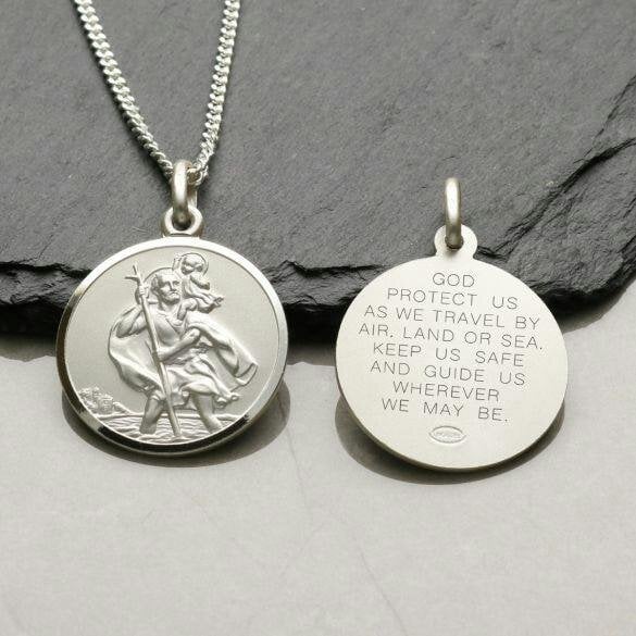 Christopher James of London Sterling Silver 24mm St Christopher Pendant With Travellers Prayer and Optional Chain