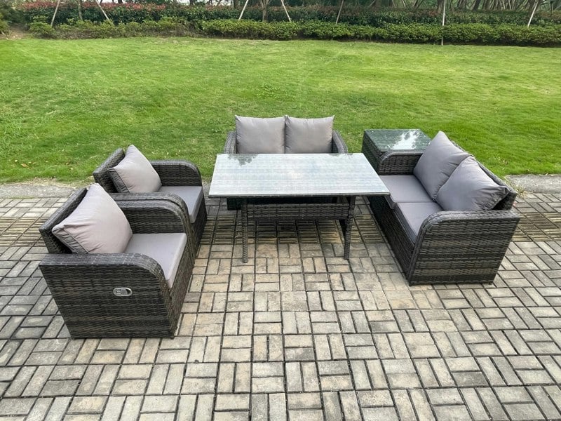 Fimous Rattan Outdoor Furniture Garden Dining Set Rectangular Table and Chair Sofa Set With Side Table Dark Grey Mixed