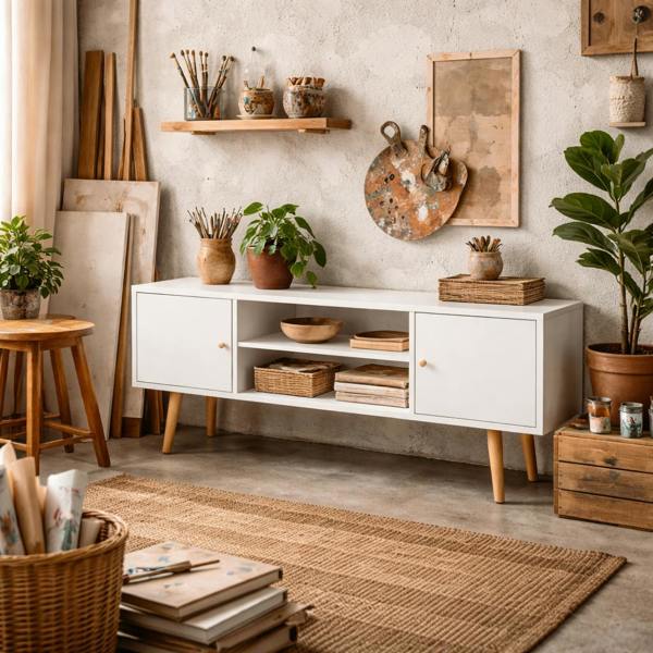 Wyld Haus Vido 120cm Tozi Wooden White TV Cabinet With Open Shelves And Wooden Legs For Screens Up To 55 Inches