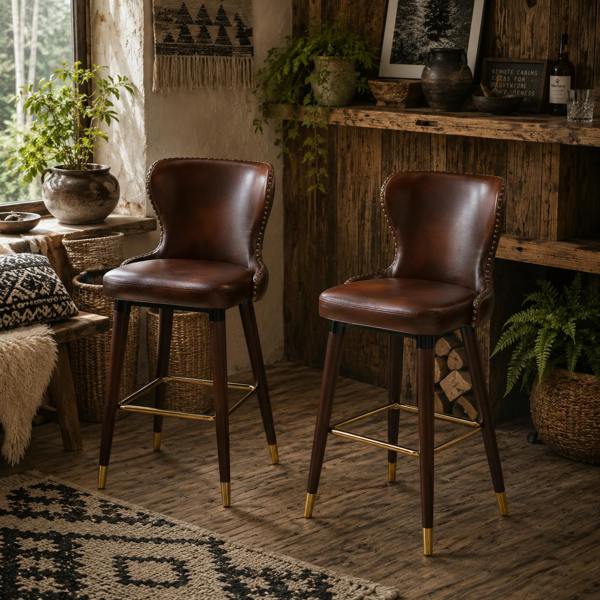 Wyld Haus Halotti Faux Leather Brown Bar Stools Set Of 2 With Back Support And Wooden Legs