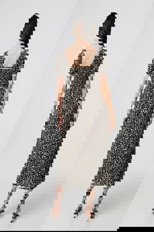 Beige | Animal Print Short Puff Sleeve Maxi Dress
