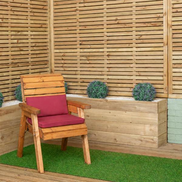 Samuel Alexander Hand Made Traditional Chunky Rustic Wooden Garden Chair & Burgundy Cushions. Flat Packed