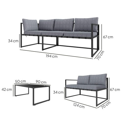 Wyld Haus Liketti Metal Grey 5 Seater L Shaped Garden Sofa Set With Cushions and Glass Table